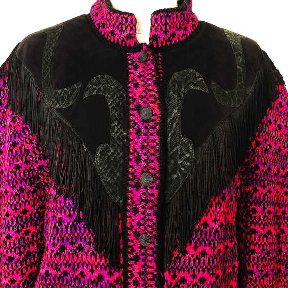 Vintage 80s Pink Black Western Fringe Sweater
